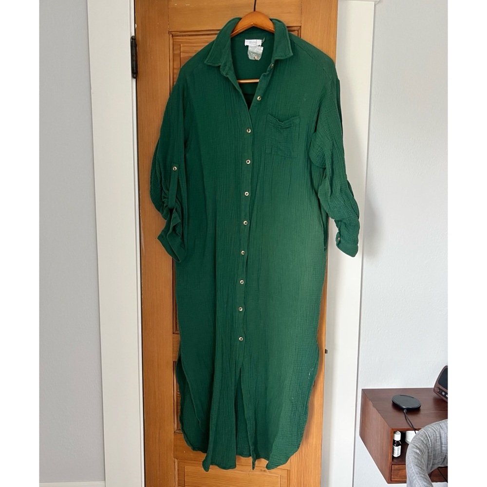 Green Gauze Belted Shirt Maternity Midi Dress - size large